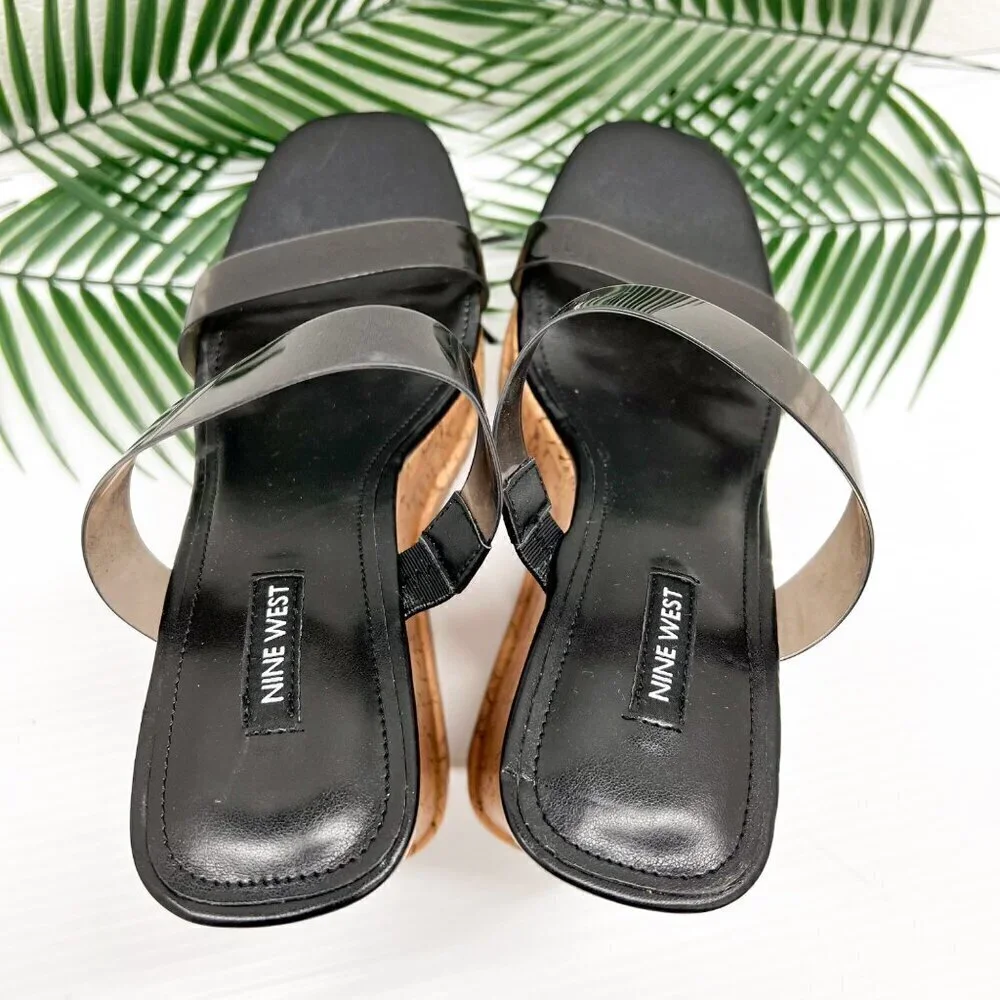 Nine West Rapps Platform Wedge Sandals Size 9.5 Black Tan Square Open Toe